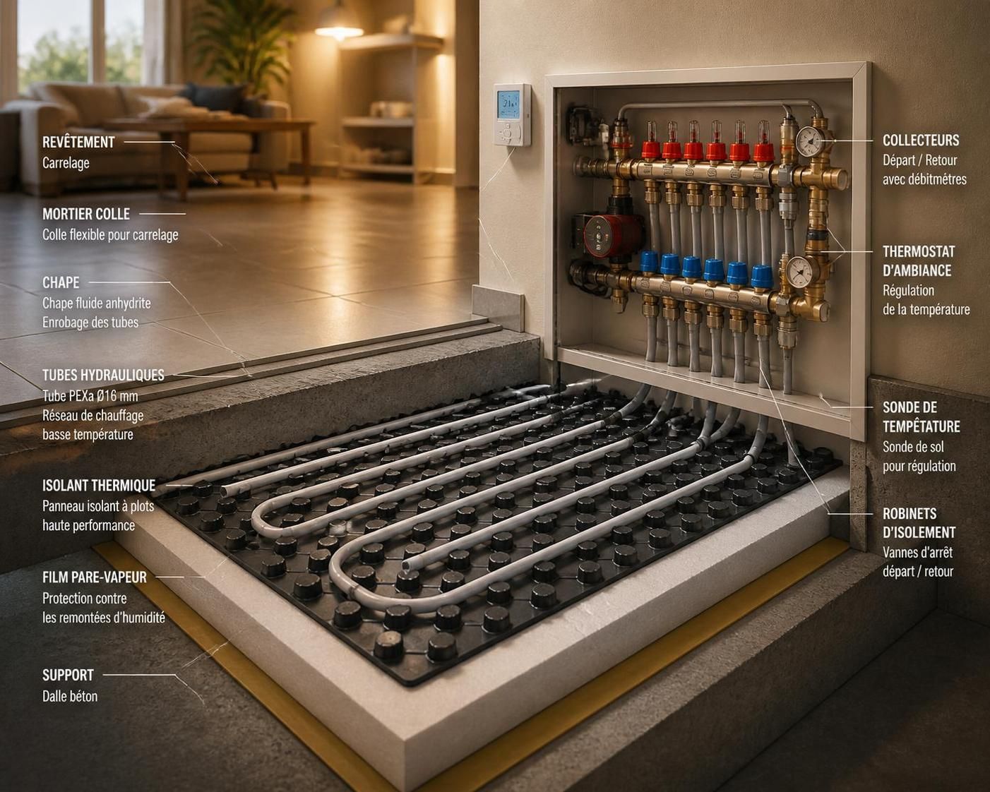 Réguler un plancher chauffant : thermostats, zones et optimisation de la consommation 2 découvrez comment réguler efficacement un plancher chauffant grâce aux thermostats, à la gestion des zones et à l'optimisation de la consommation pour un confort accru et des économies d'énergie.